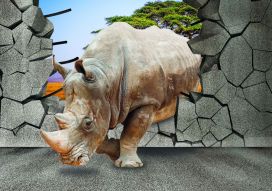 Фотообои 3D носорог разрушает стену