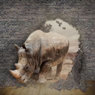 Фотообои 3D носорог крушит стену